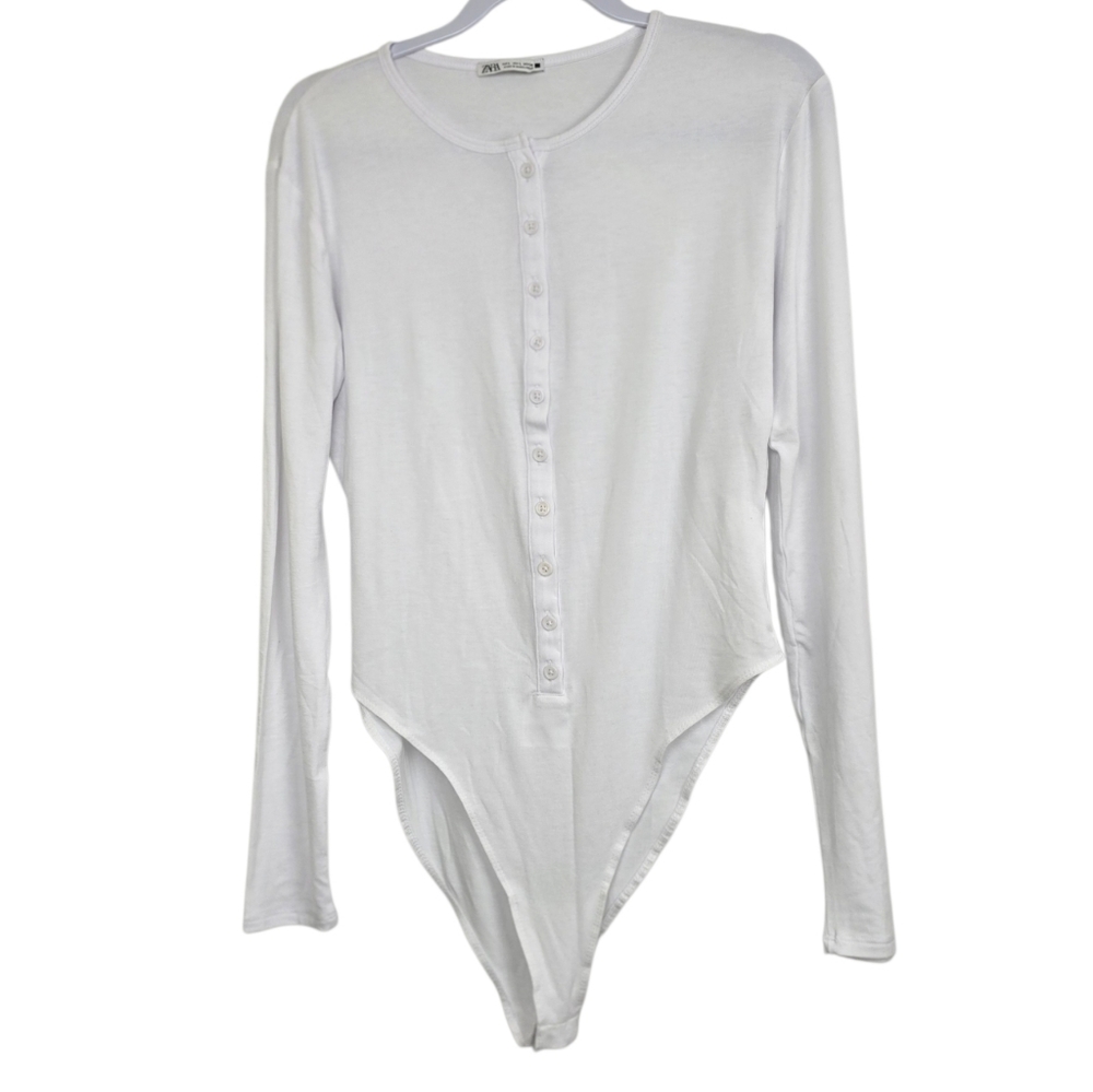 Zara White Henley Bodysuit Long Sleeve NWOT Sz L Minimalist Casual Cabincore